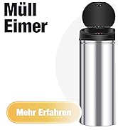 Le texte se lit comme suit : « Müll Eimer », « Mehr Erfahren ». Poubelle cylindrique en acier inoxydable avec couvercle noir sur fond blanc.