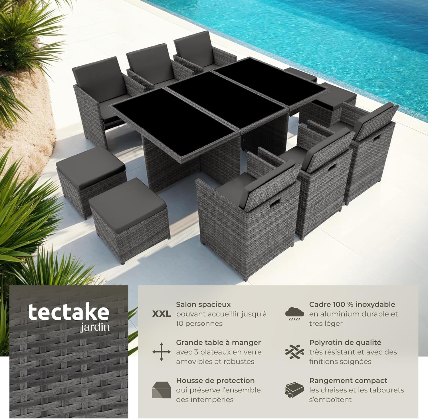 Tectake - Salon de jardin polyrotin 10 places, housses incluses, gris