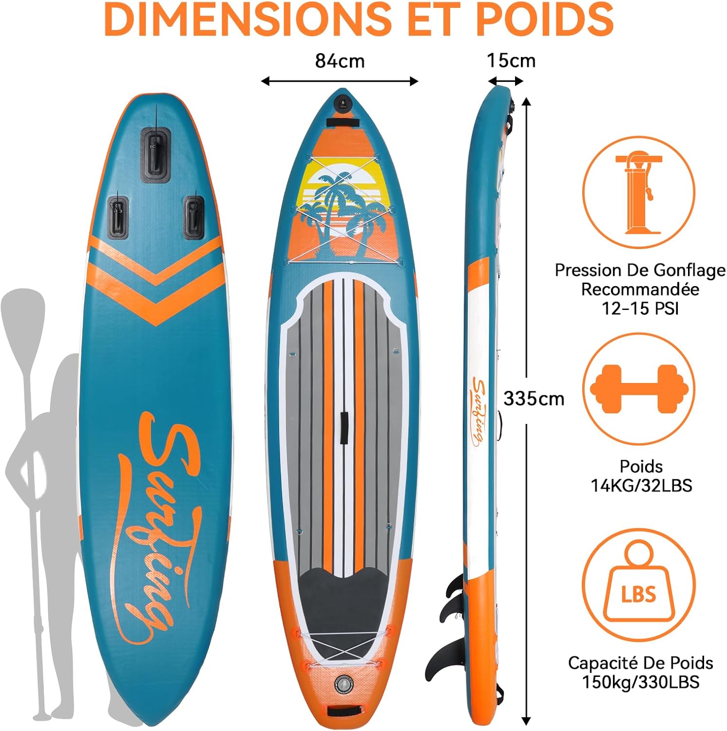 YU YUSING - Paddle gonflable adulte - 320/335cm - 2 personnes, siège kayak, pagaie alu, caméra, pompe, 150kg