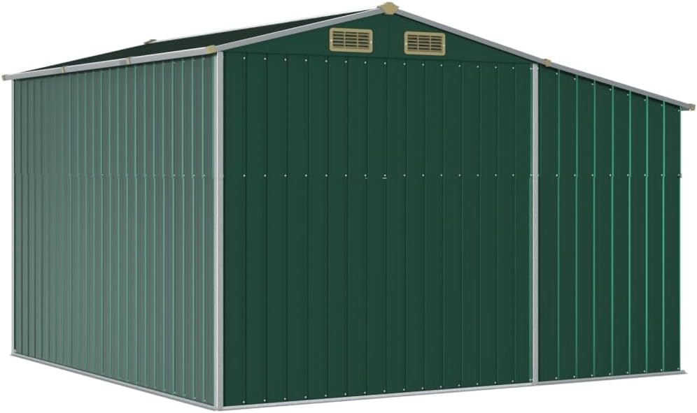 Abri de jardin en acier galvanisé - 277 x 279 x 179 cm - Vert - Avec support pour bois de chauffage et ouvertures d'aération - Pour outils de jardin - Rangement en extérieur