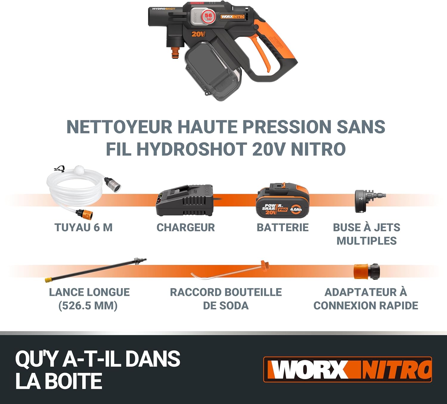 WORX - Hydroshot série 20V - sans fil, brushless, 4Ah, mobile WG633E