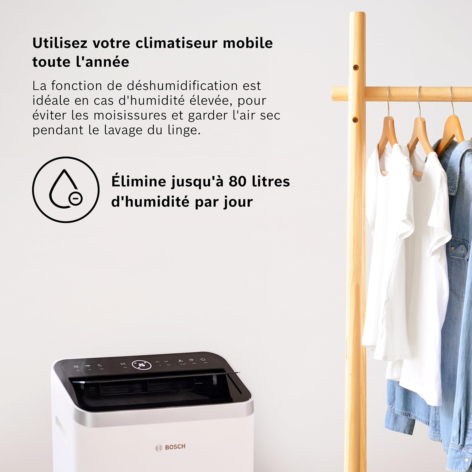 Bosch Cool 5100 Portable AC - 3 en 1 Climatiseur, Déshumidificateur, Ventilateur - 3,4 kW pour les pièces jusqu'à 46m² - Avec Mode Auto, Mode Silencieux et Mode Veille (43 db (A)) [Classe A+]