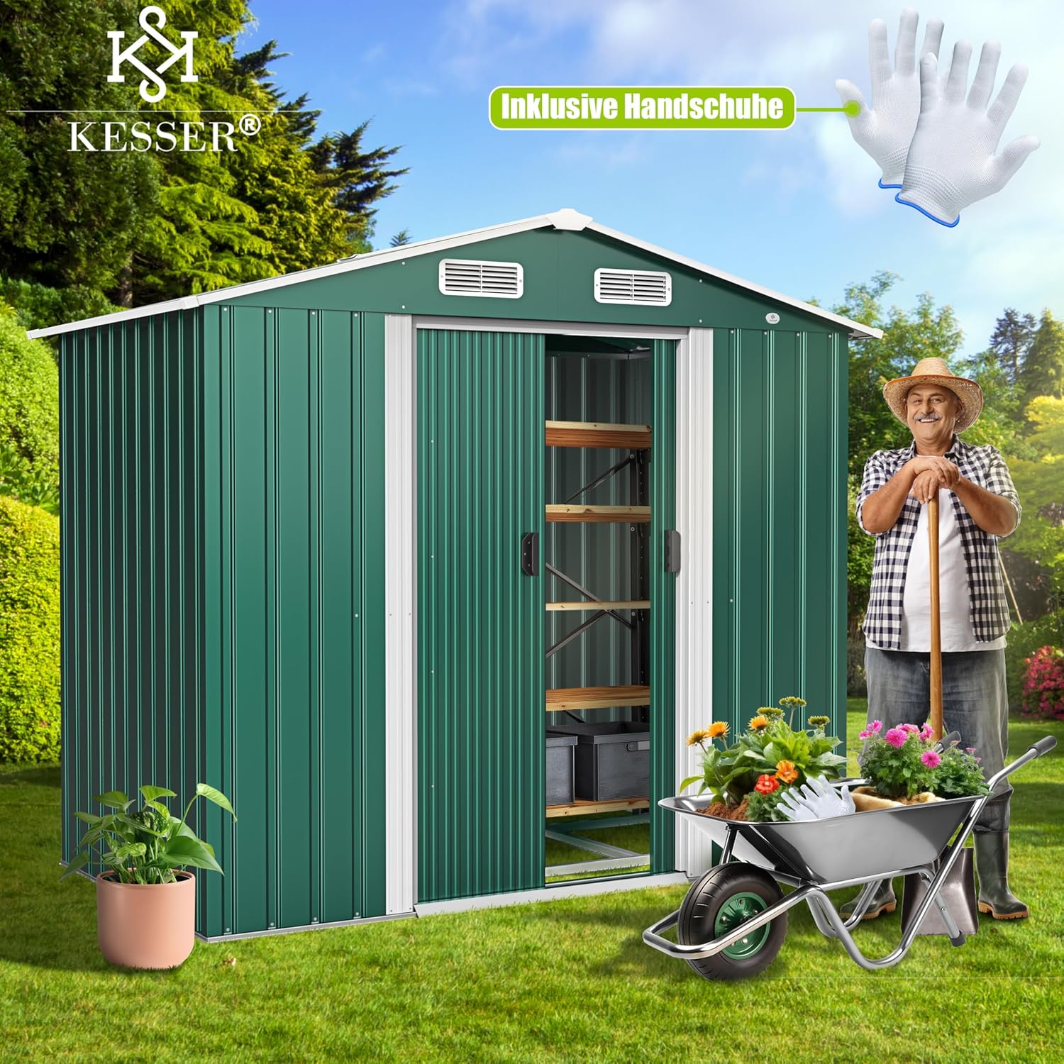 KESSER® Abri de Jardin XL en métal de 4,2 m³ avec Fondation, Gants de Travail, 182 x 118 x 186 cm, 2 Portes coulissantes, Abri à Outils, Armoire, Toit à Pente de Jardin Vert