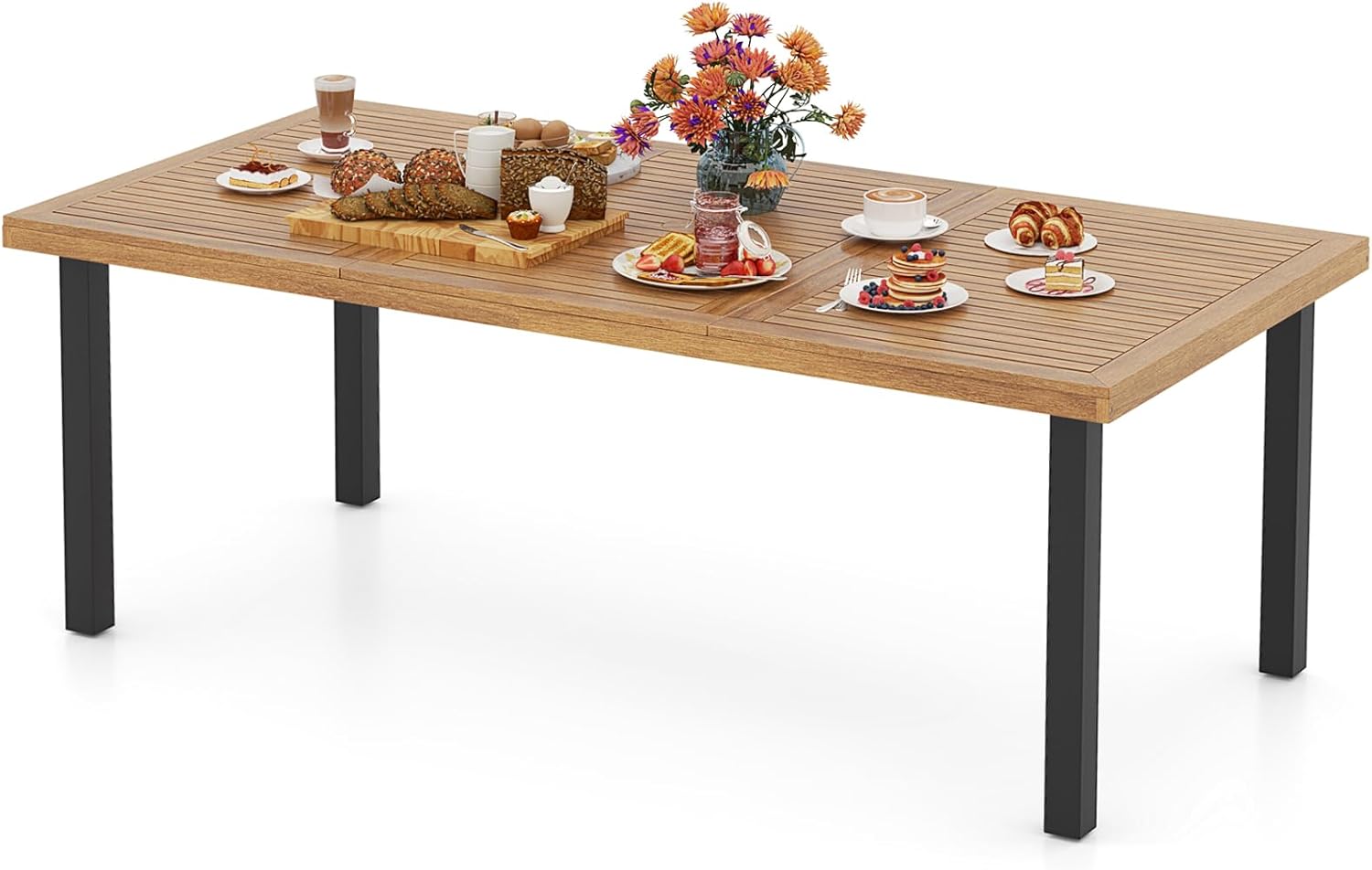 COSTWAY - table de jardin 200 cm - 8 pers. acacia métal, trou parasol