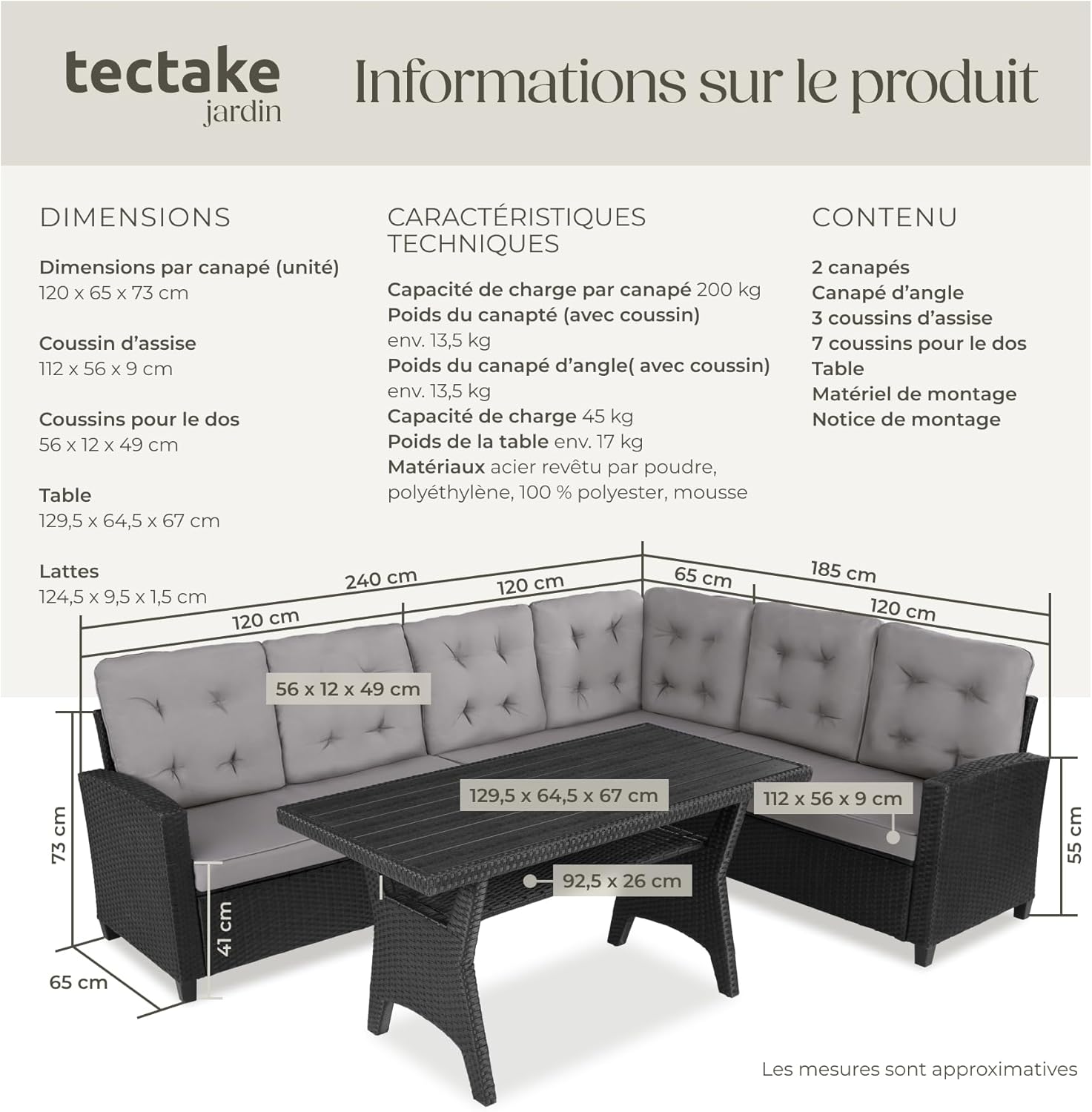 tectake - Ensemble salon de jardin 6 places, poly rotin, canapé spacieux avec table, rembourrage moelleux
