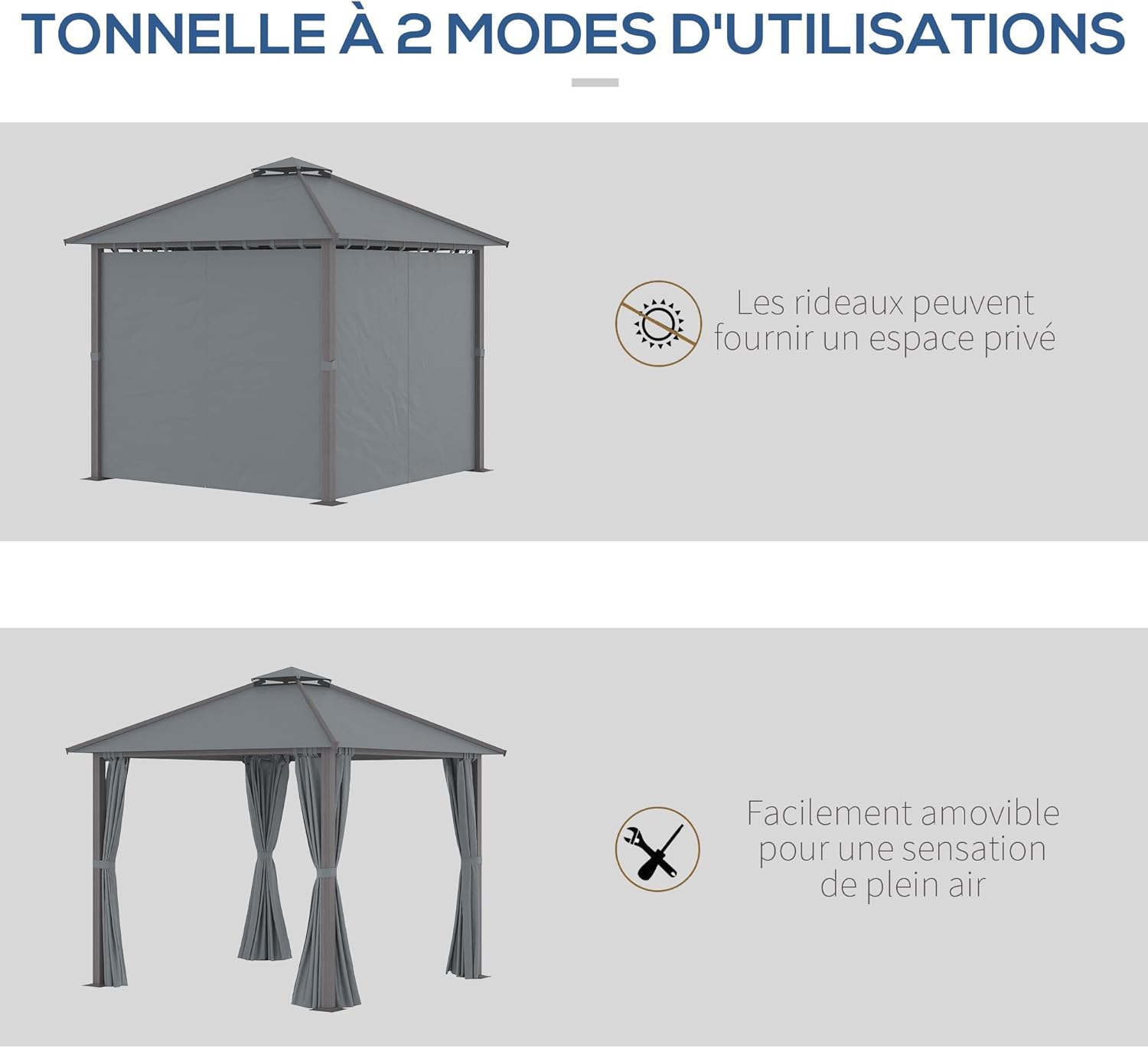 Outsunny - Tonnelle Jardin série Double Toit 3x3m, Aluminium, 4 parois, protection solaire, Gris