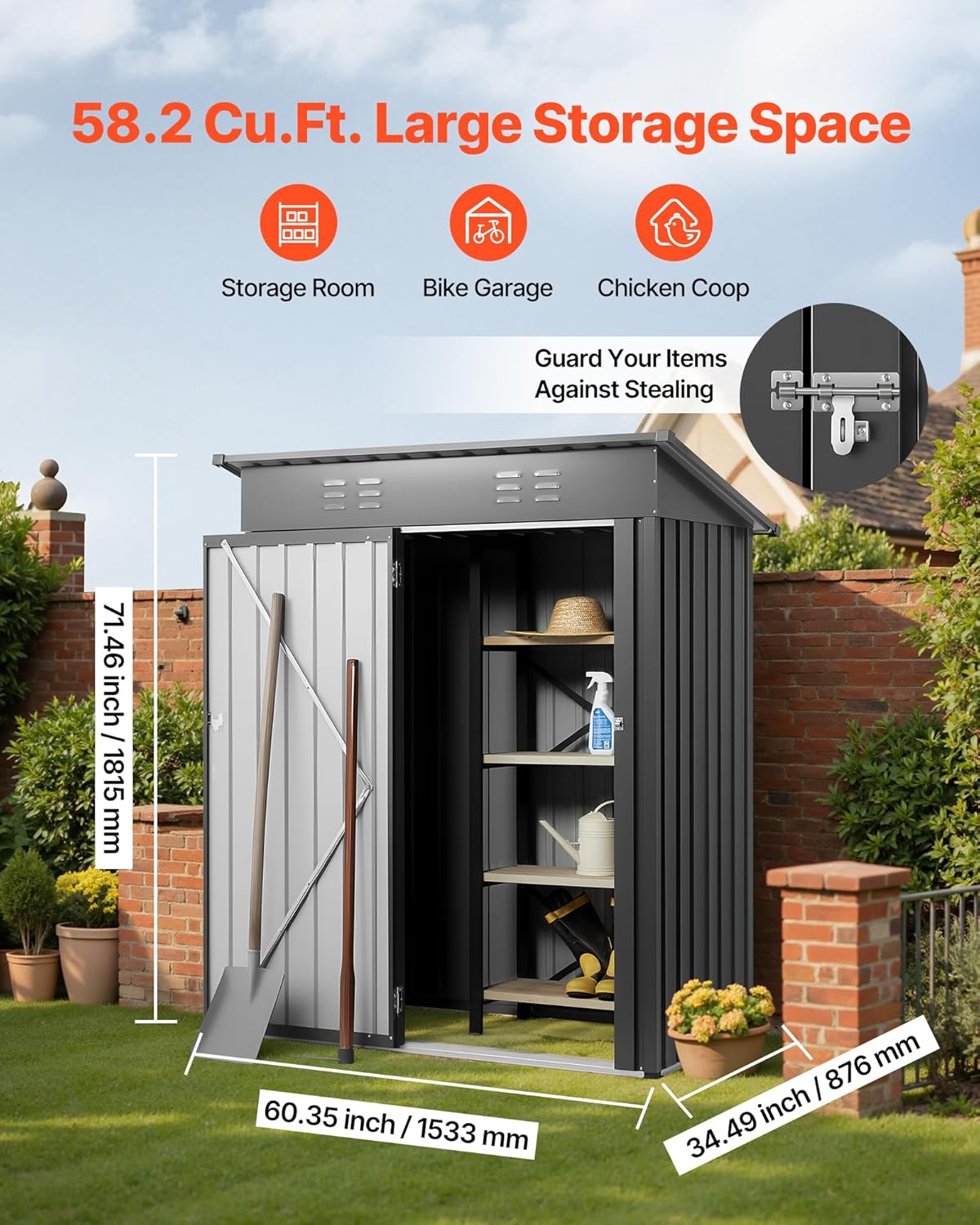 VEVOR Abri de Jardin en Métal, 153,3 x 87,6 cm, Abri de Rangement d'Extérieur, avec Porte Verrouillable, Toit en Pente, Cabine de Jardin, pour Stockage d'Outils, de Vélos, Étagères, Poubelles, Gris