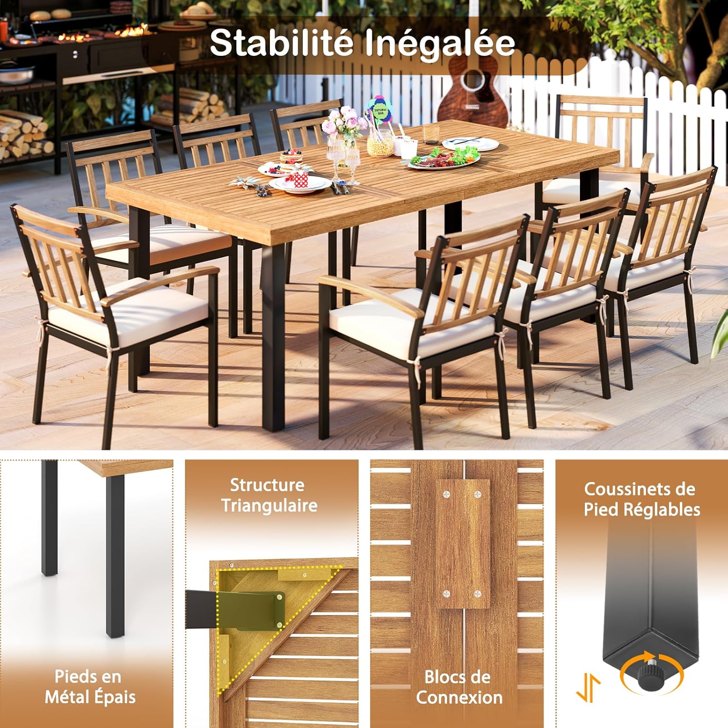 GOPLUS - Table à manger bois FSC 200x100x75cm - 8 pers, trou parasol