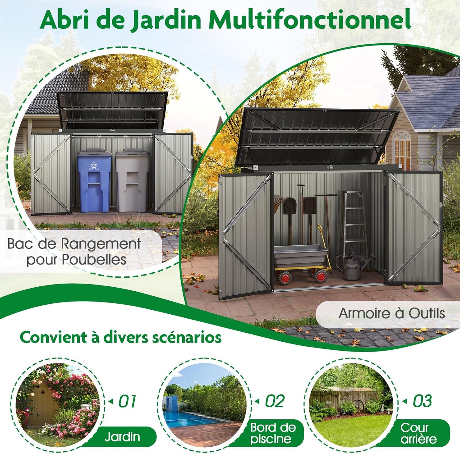 RELAX4LIFE - Abri de jardin métal - 172x100x129 cm - 2 portes, couvercle relevable