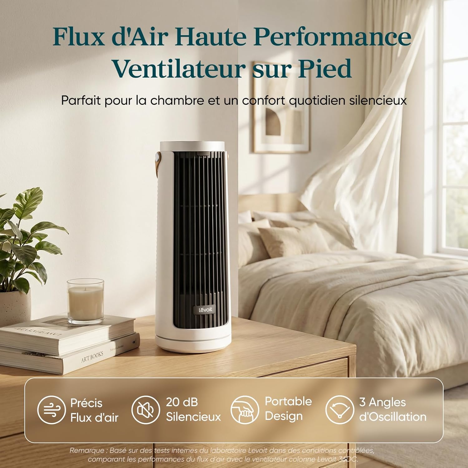 Levoit Windi Mini Ventilateur Colonne 20 dB Ultra Silencieux, Ventilateur de Table Moteur DC, Puissance jusqu'à 7 m/s, 4 Vitesses, Oscillation 90°, Minuterie 12H, Télécommande