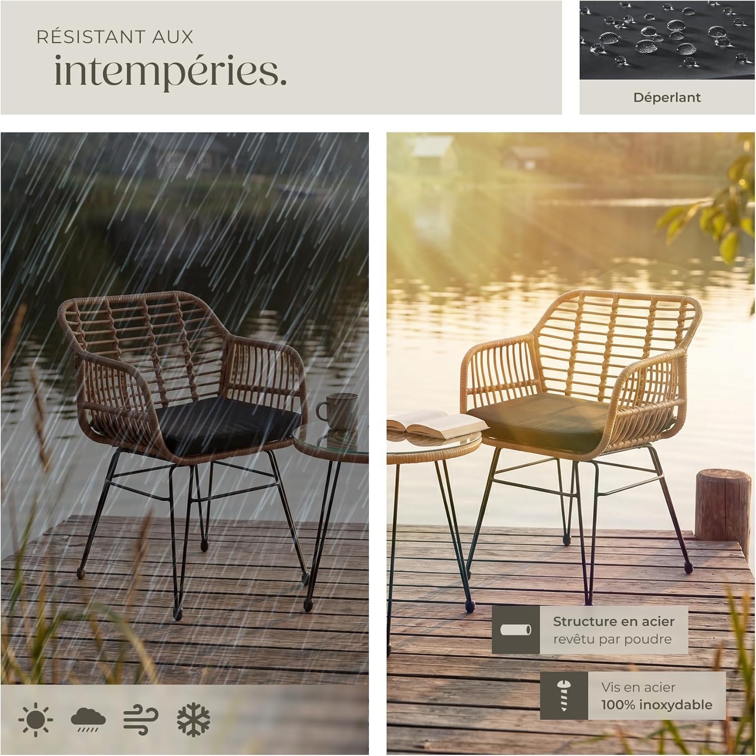 tectake - salon de jardin 3 pcs - fauteuils + table verre, coussins amovibles, extérieur balcons