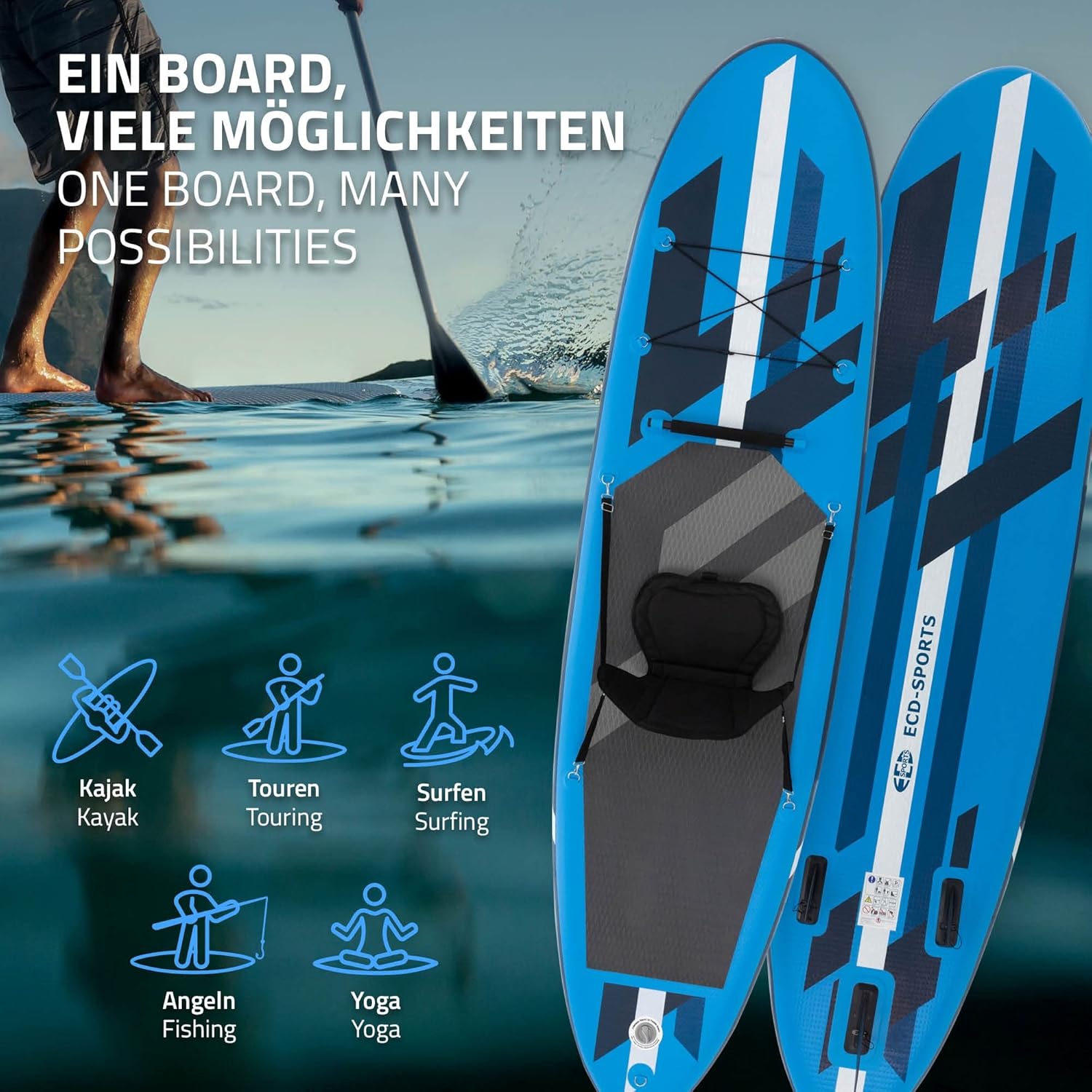 ECD Germany Stand Up Surf Paddle Board Gonflable 305/308/320/380 cm | PVC | jusqu'à 120/150 kg | Épaisseur 10/15 cm | Planche de Surf Pagaie Sac de Transport Pompe à Air | Diverses Couleurs Modèles