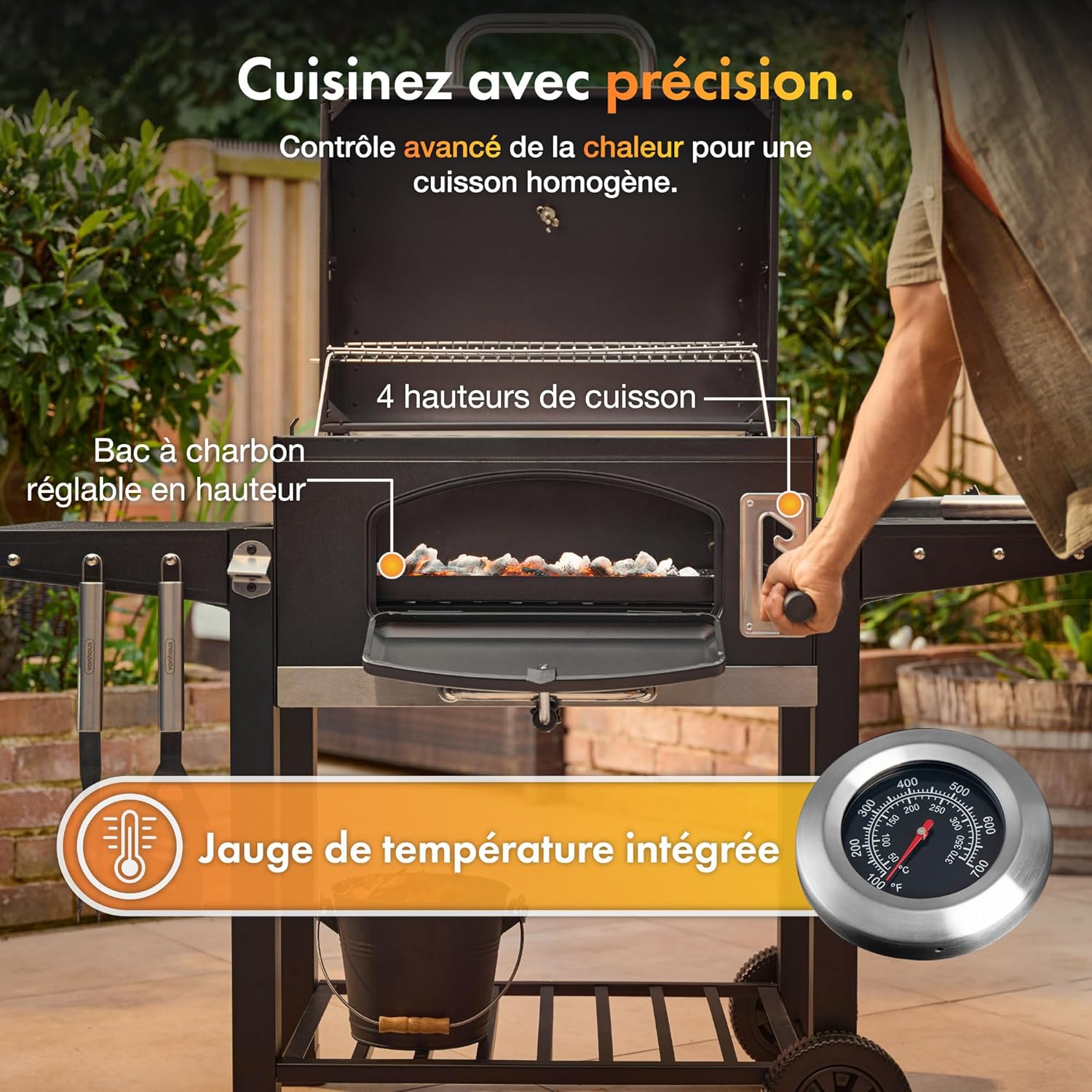 VonHaus - Barbecue XL - grande capacité, tablettes, fumoir, roues