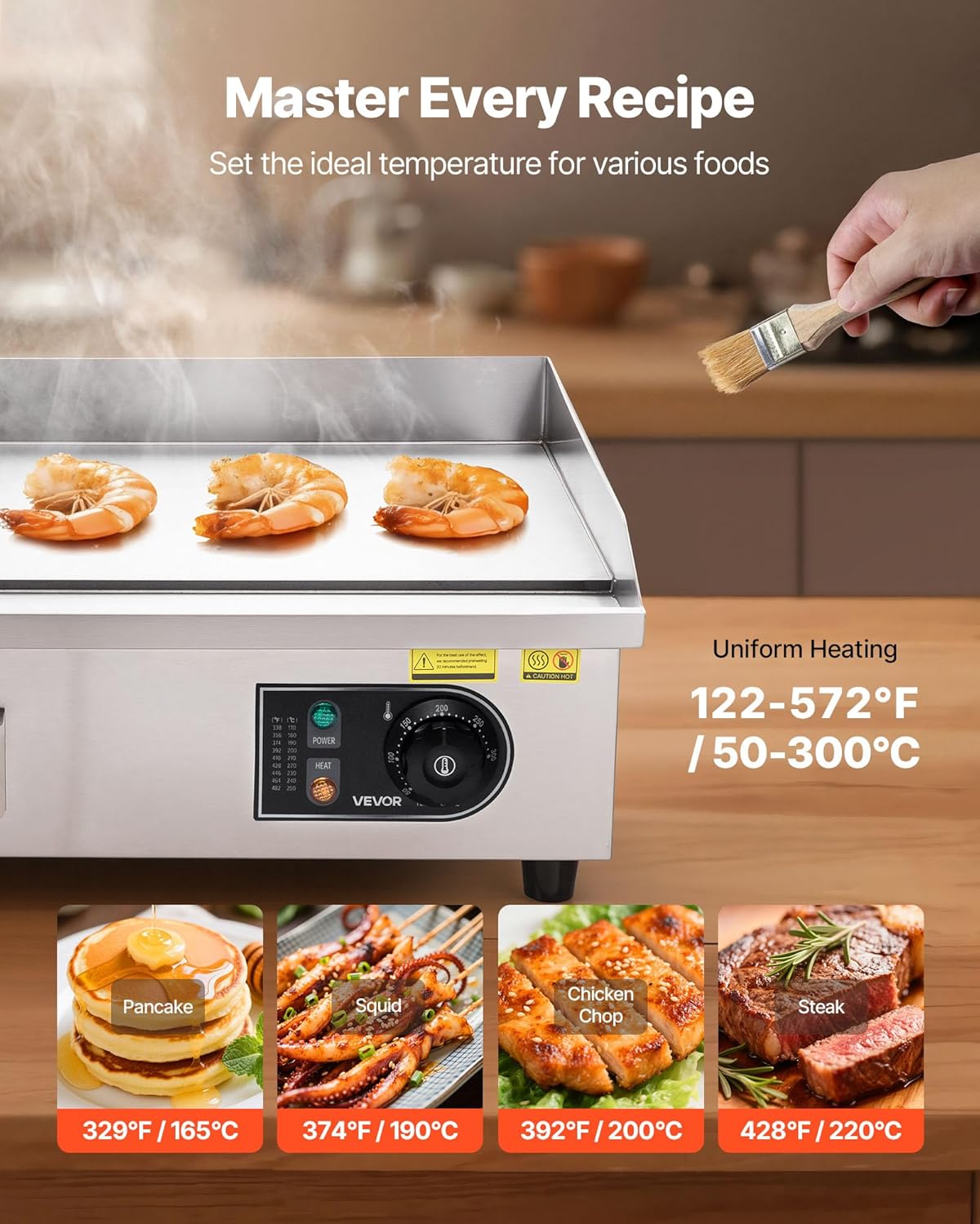VEVOR - plancha électrique pro - 535x300 mm - 3200W, inox, 50-300°C