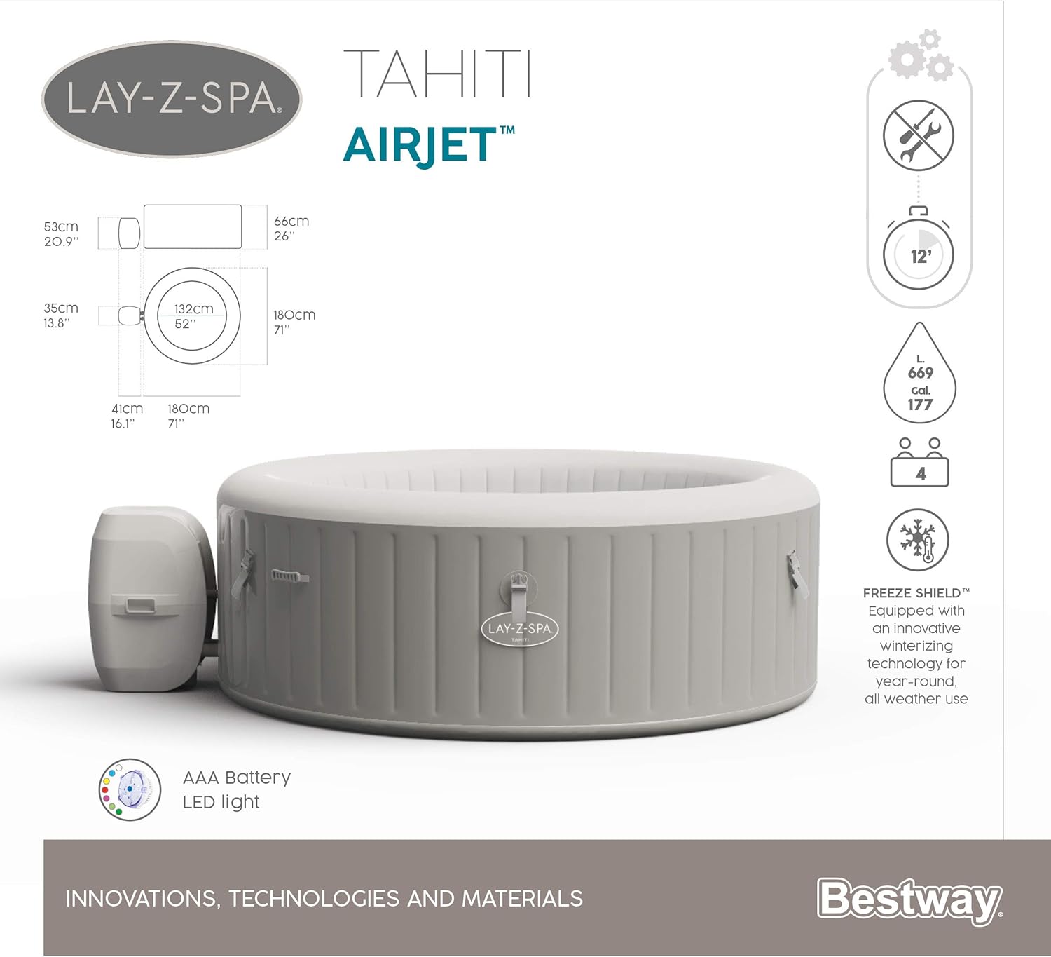 Bestway - LAY-Z-SPA Tahiti série Airjet - 180x66 cm - 2-4 personnes LAY-Z-SPA®