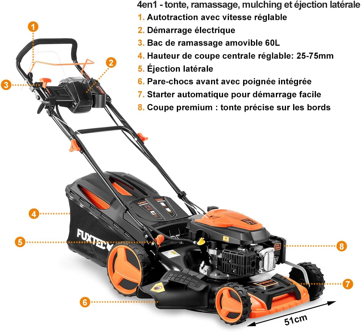 FUXTEC - tondeuse thermique série Pro - 51cm - démarrage électrique, vitesse réglable, autotractée, mulching, bac 60L - 