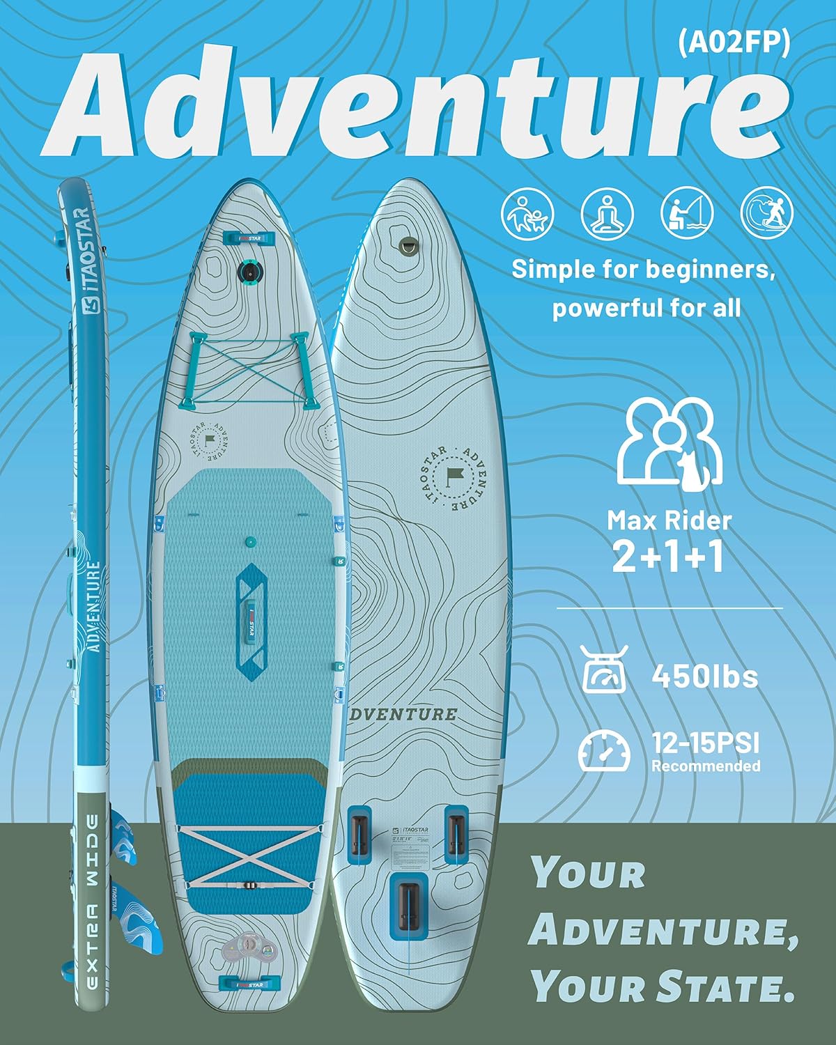 iTAOSTAR - Adventure - 365×88cm - paddle XXL, siège, 5 ailerons