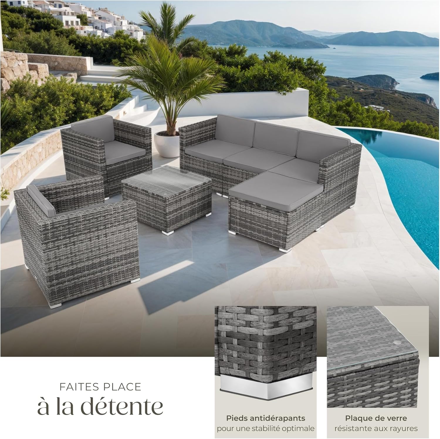 tectake - Salon de jardin modulable 7 places, poly rotin, coussins inclus