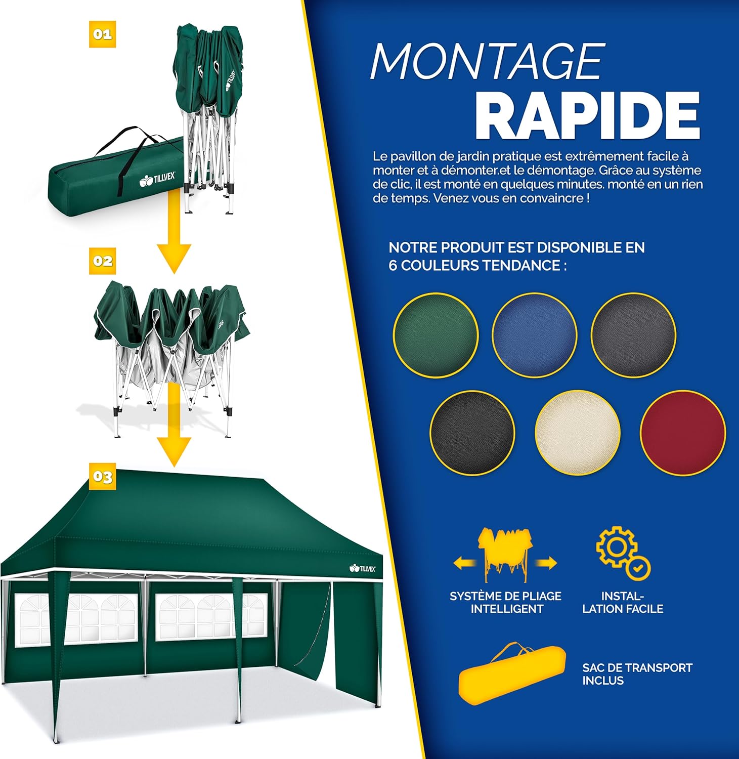 tillvex - Tonnelle pliable 3x6m - étanche, UV50+, panneaux latéraux