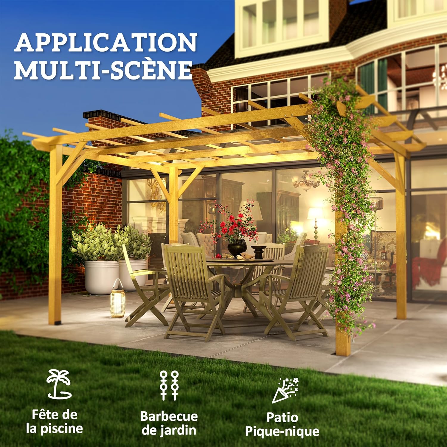 Outsunny - pergola jardin bois naturel - 3x4m - idéale vignes et fleurs