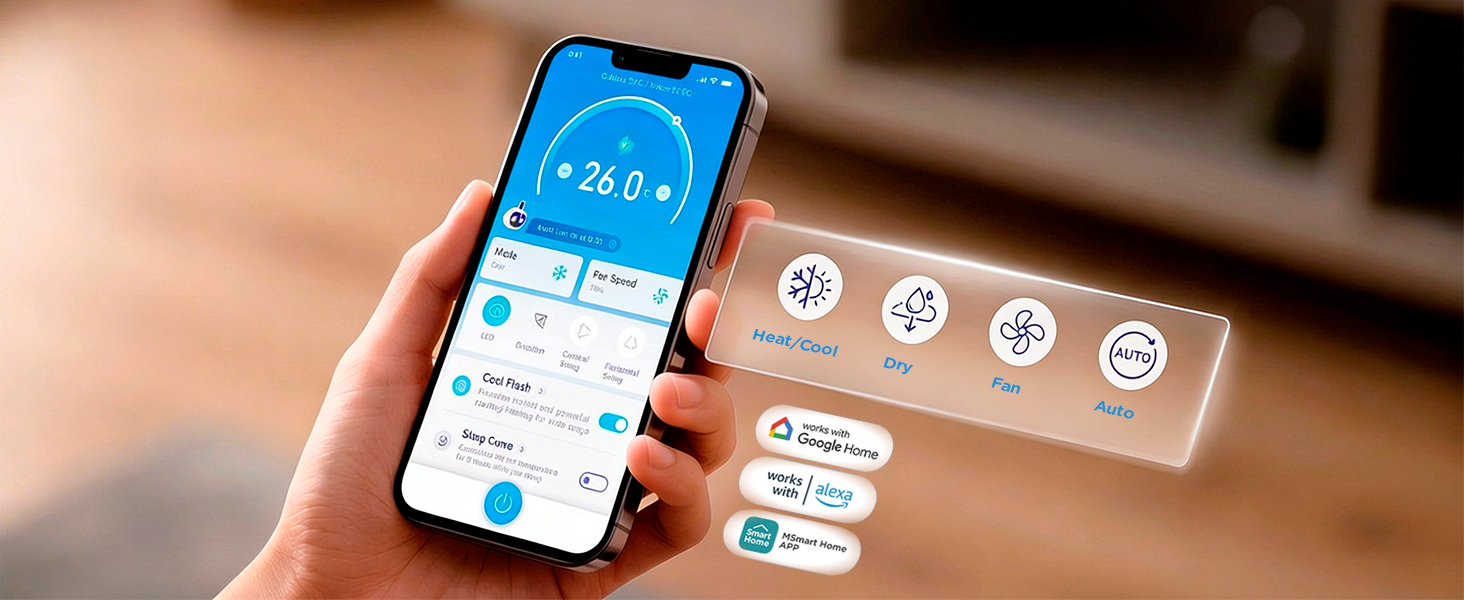 Smartphone affichant l'interface de l'application avec l'heure « 16:42 » et des icônes de contrôle, entourée d'éléments d'interface utilisateur en réalité augmentée montrant les fonctionnalités et les commandes de la domotique intelligente.