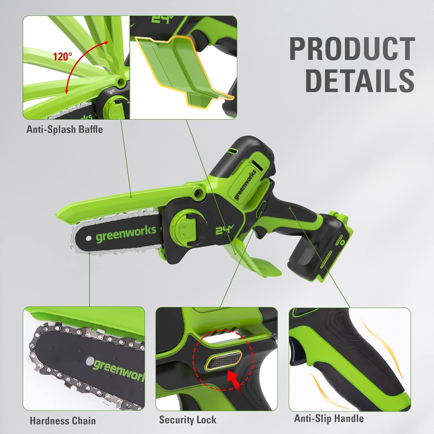 Greenworks 24V Mini Tronçonneuse 10cm Tronçonneuse à batterie sans fil alimentée par batterie et chargeur, vitesse de chaîne de 7,8 m/s, pour branches d'arbres, cour et usage domestique.