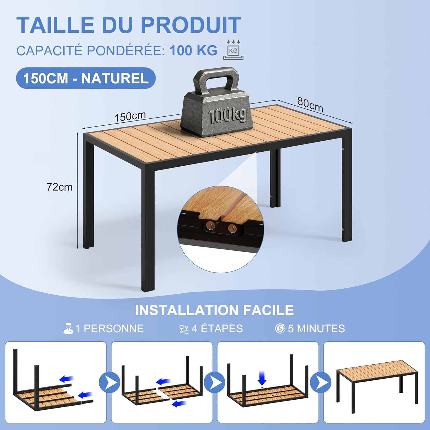 Devoko - HDPS - 150x80x72 cm - Table aluminium extérieur, bois, facile entretien