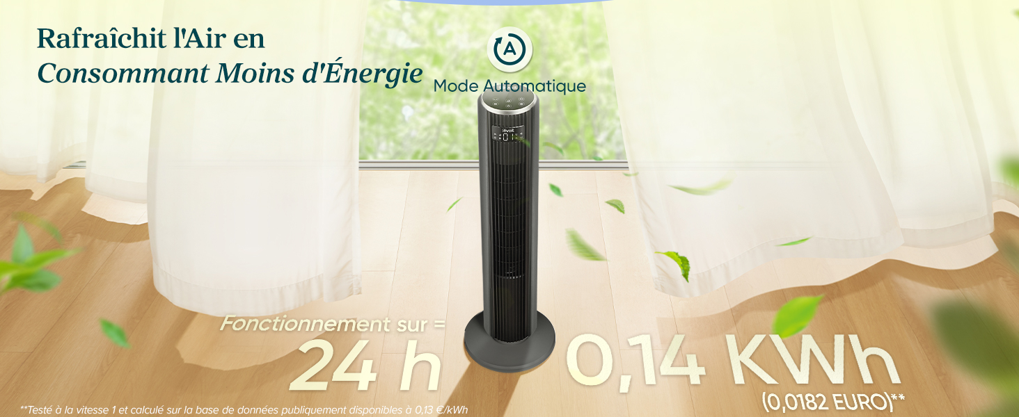 Le texte indique « Une solution rafraîchissante sur les réseaux électriques classiques » et « 24 heures - 3,44 kWh ». L'appareil portable à rayures verticales noires sur fond blanc semble être un produit économe en énergie avec des spécifications de consommation d'énergie.