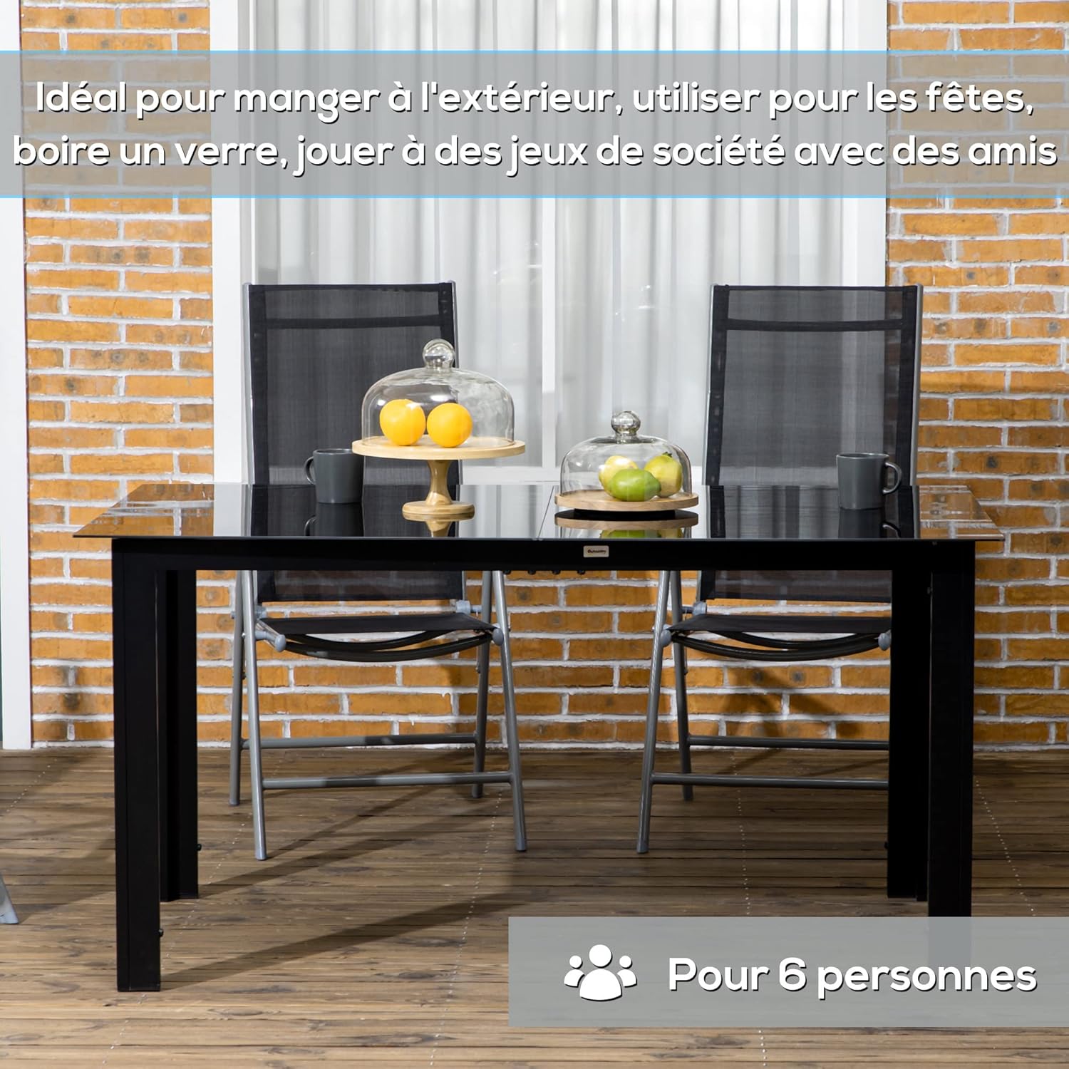 Outsunny - Table de jardin aluminium 150x90x74 cm, 6 places, plateau verre