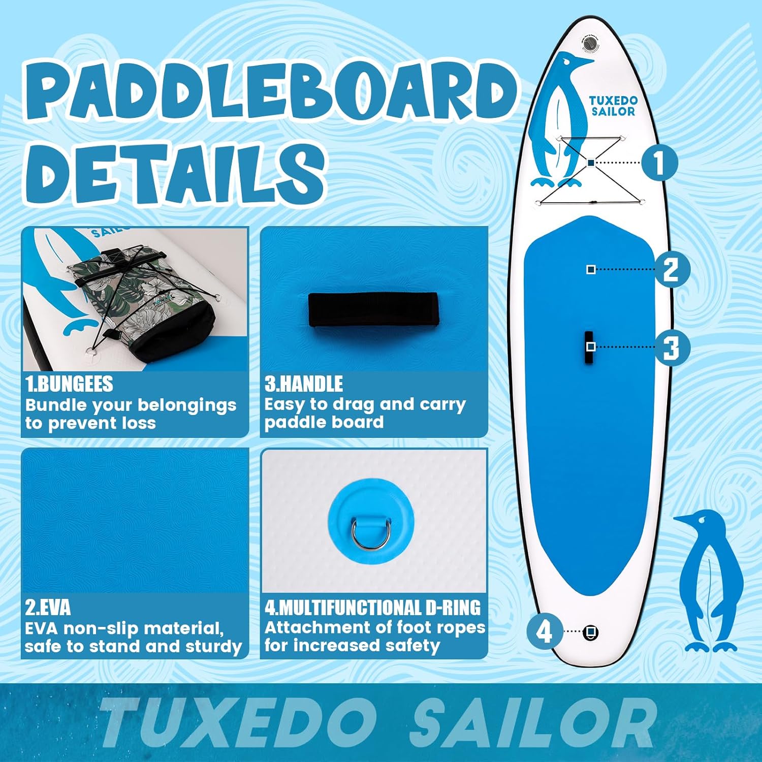 Tuxedo Sailor Paddle Gonflable Adulte, Planche de Stand Up Paddle Gonflable Sup Paddle Board Gonflable Planche à Pagaie Gonflable avec Accessoires Complets