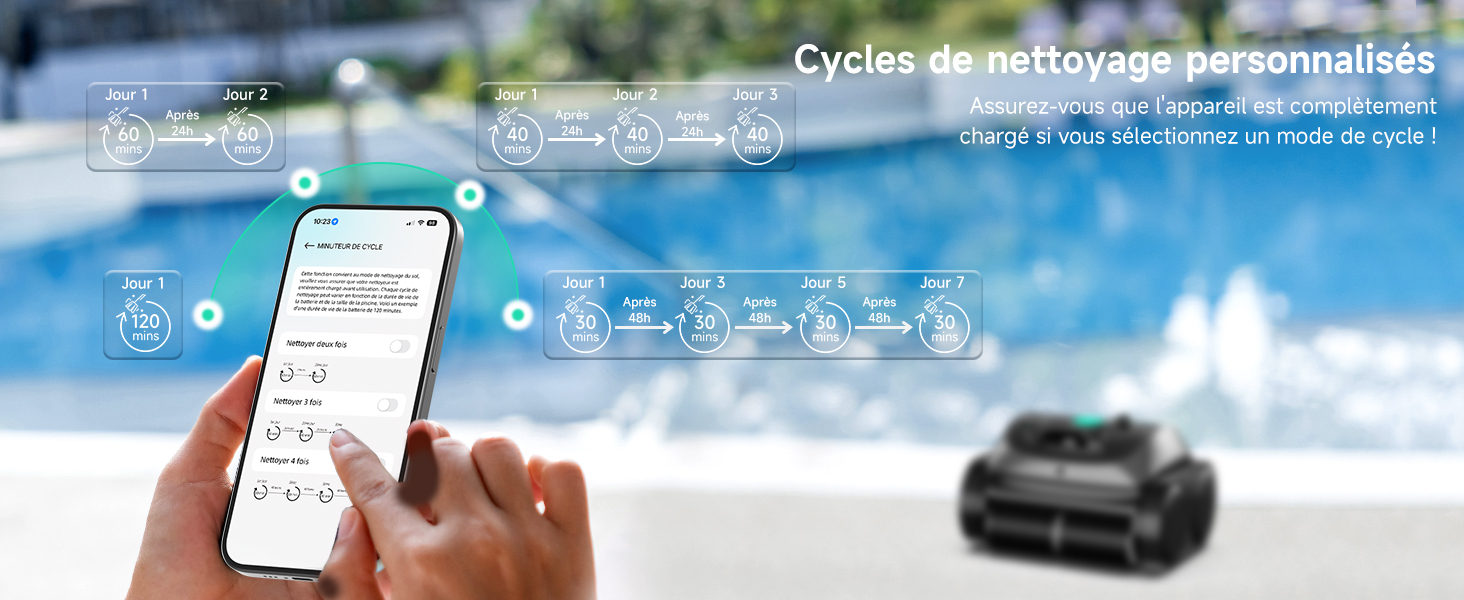 L'écran de l'interface ou de l'application affiche les fonctionnalités de connectivité des appareils mobiles et le processus de configuration sur des arrière-plans teintés de bleu.
