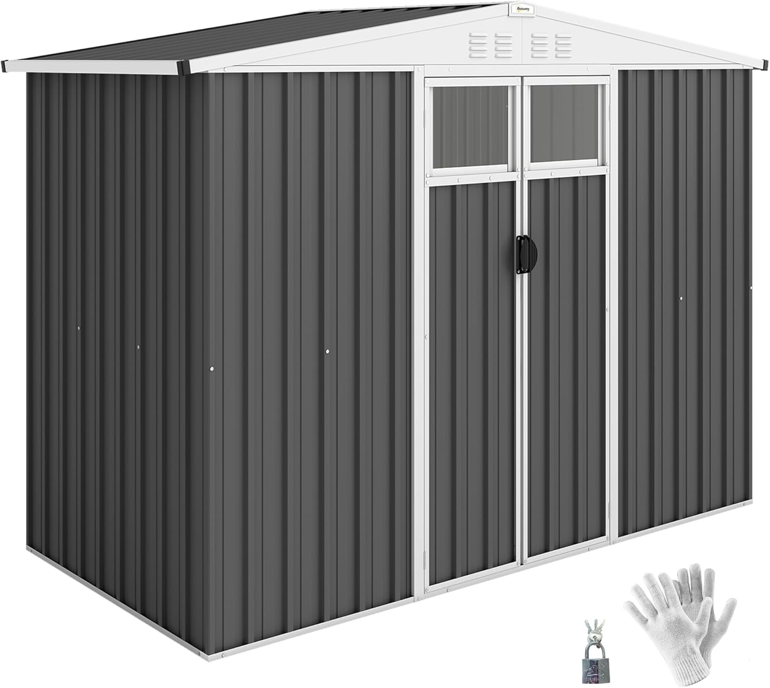 Outsunny Abri de Jardin en métal 2,7 m² cabane de Jardin 246 x 117 x 180 cm cabanon Rangement Outils avec fenêtre, 4 évents et Porte verrouillable, cabanon Jardin extérieur en Acier galvanisé, Gris