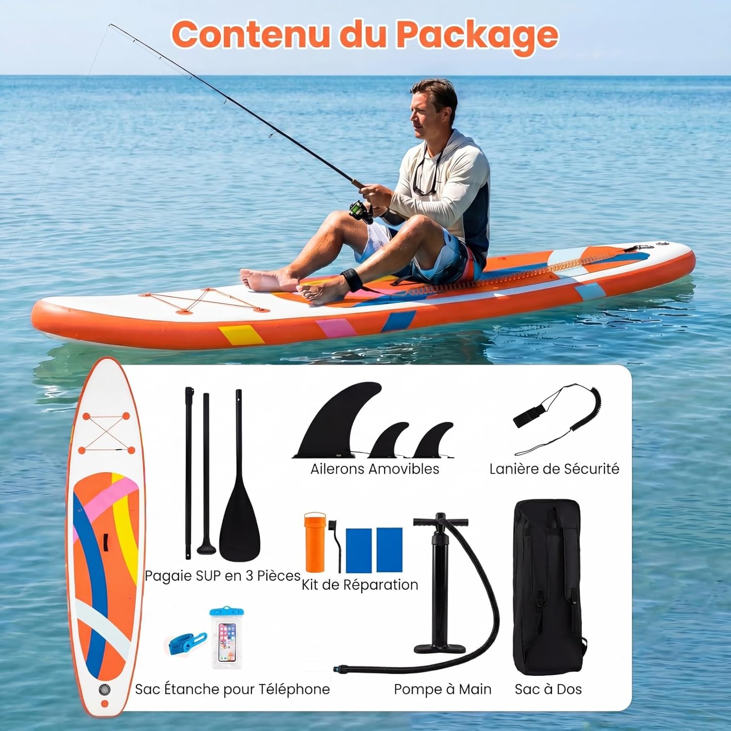 HOMASIS 336 x 77 x 16 cm Planche à Pagaie Gonflable, Planche de Surf avec Pagaie Réglable, Pompe à Main, 3 Ailerons, Anneaux en D & Laisse, Paddle Stand Up Léger pour Surf, Lacs, Mers