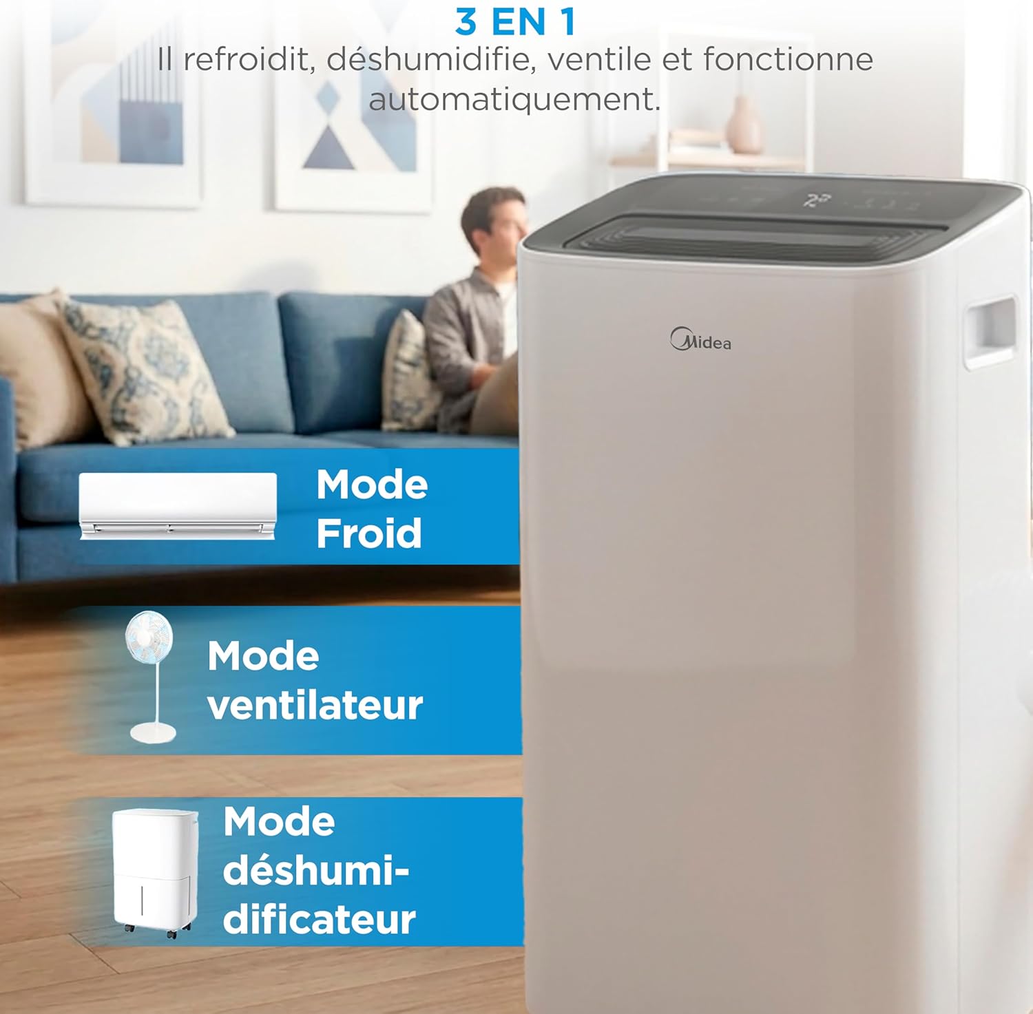 Midea - Climatiseur mobile 4 en 1 silencieux, 12000 BTU, contrôle app, compact - MPP1-12CRN1