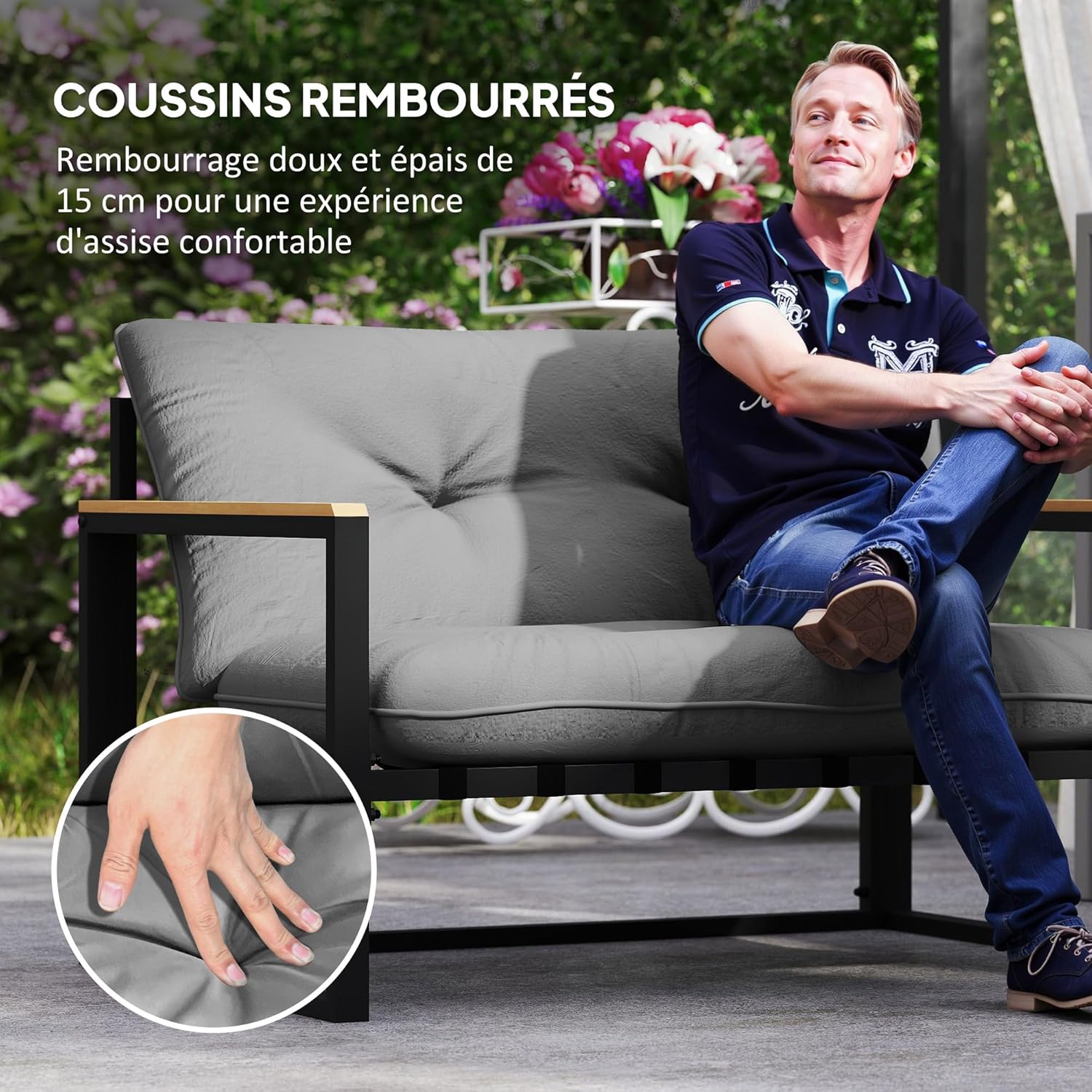 Outsunny - Salon de jardin 4 places - canapé, 2 fauteuils, table en verre, coussins inclus, gris