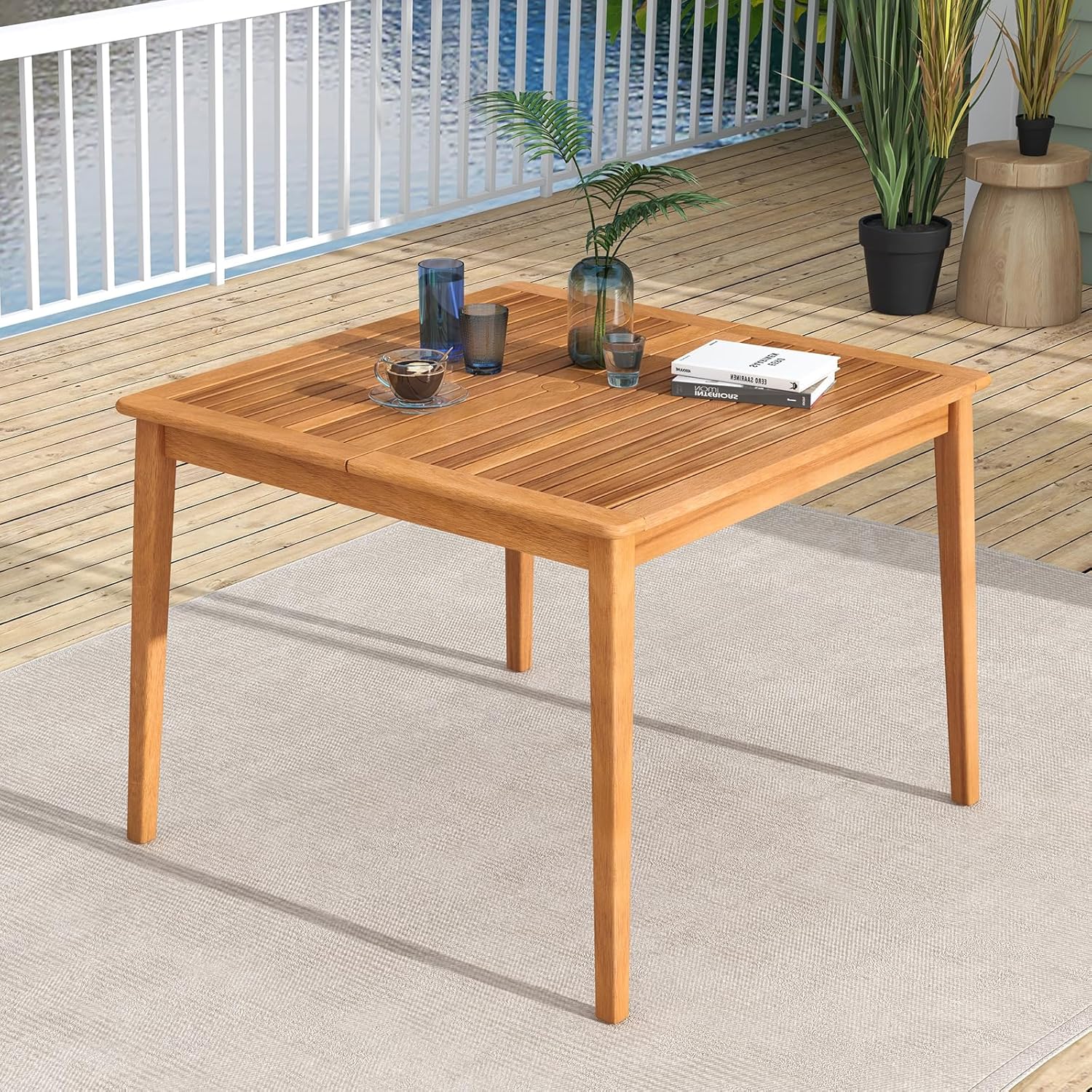 GOPLUS - table de jardin en bois d'acacia 100x100 cm - 4 places, trou pour parasol