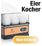 Titre du produit « Eier Kocher » avec le bouton « Mehr Erfahrun » affiché. La séquence montre un appareil de cuisson des œufs doté d'une base cuivrée et d'un couvercle transparent.