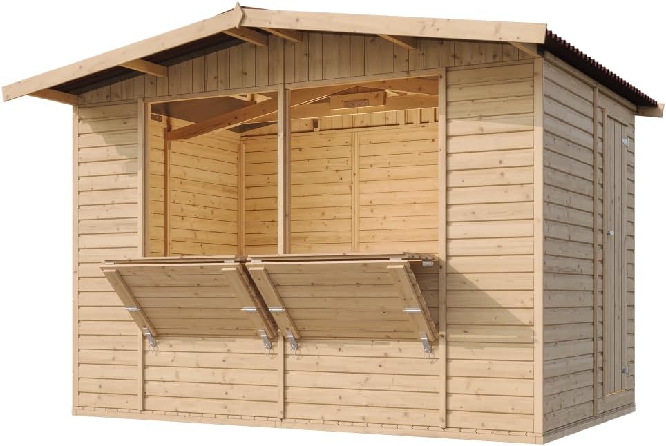 TIMBELA M150 Maison de Jardin en Bois – Étal de Marché avec Comptoir, L336xP263xH232 cm / 6 m², Facile à Monter et à Démonter, Bar Jardin, Abri Multifonctionnel