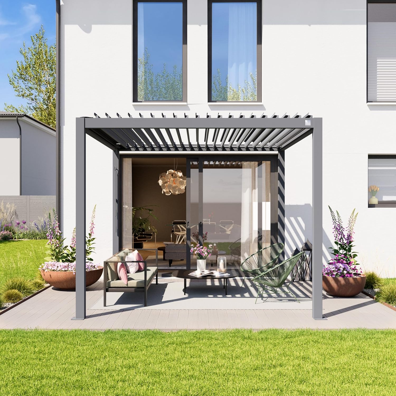 PRIMEYARD - Pergola série aluminium - 3x3 m - Lames acier orientables - Gris