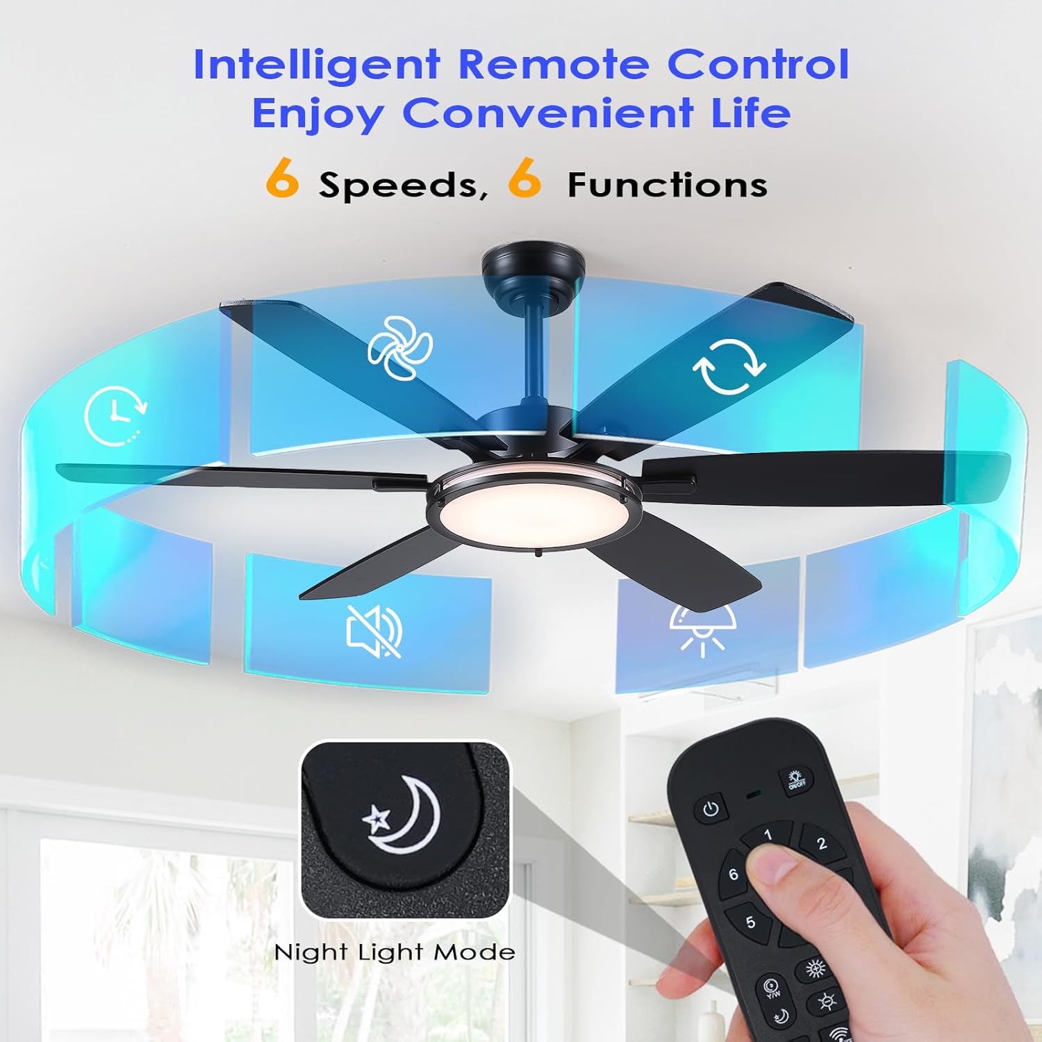 Kviflon Ventilateur de Plafond avec Lumière 132 cm, Moteur DC Silencieux et Économe, Télécommande & Contrôle par App, 6 Vitesses, LED Dimmable, 3 Pales ABS, Design Moderne Noir pour Chambre et Salon