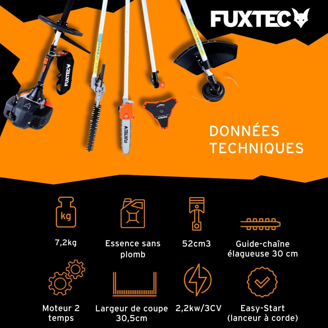 Fuxtec - débroussailleuse 52cm³ 3CV, multifonction thermique, rallonge 1m, FX-MT152E