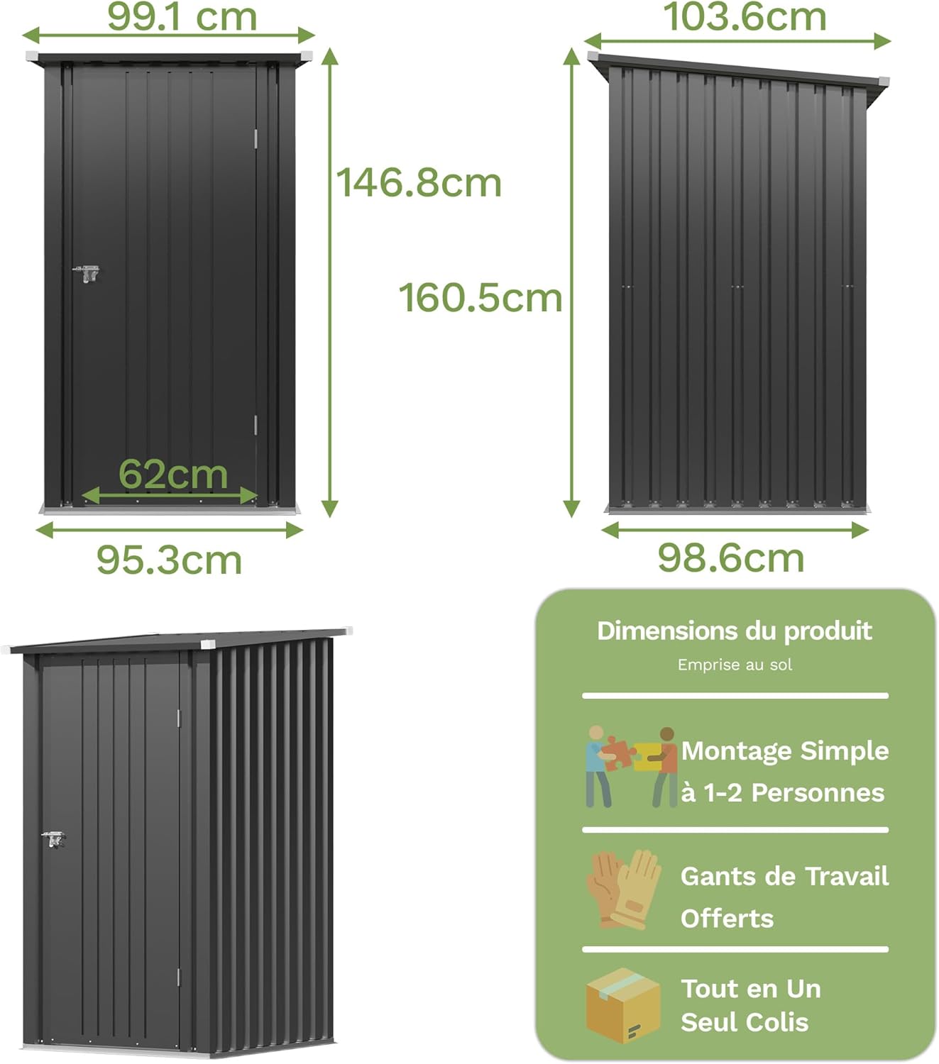 Devoko Abri de jardin en métal 96x98x160 cm, abris de jardin avec toit en appentis, robuste et inoxydable, incluant des gants de travail, porte pivotante verrouillable, petit abri de jardin en acier