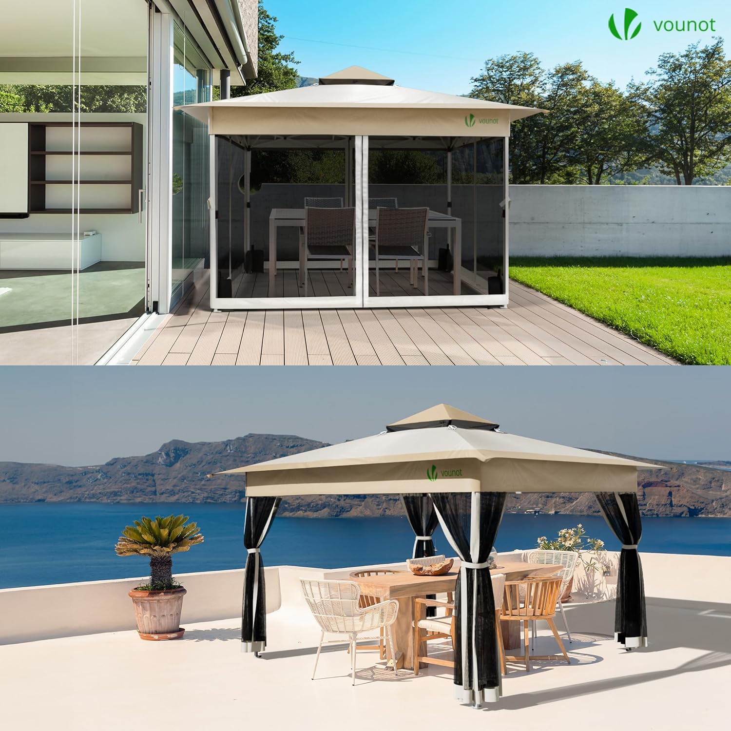 VOUNOT - Tonnelle Pop Up - 3.6x3.6m - Acier, moustiquaire, anti-UV, beige