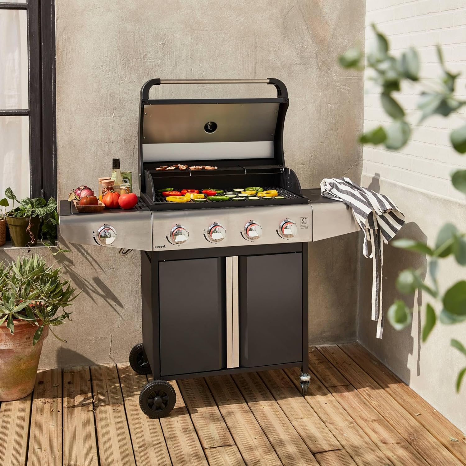 Alice's Garden - Bazin Gris anthracite - cuisine 5 brûleurs, rangement, roues, thermomètre