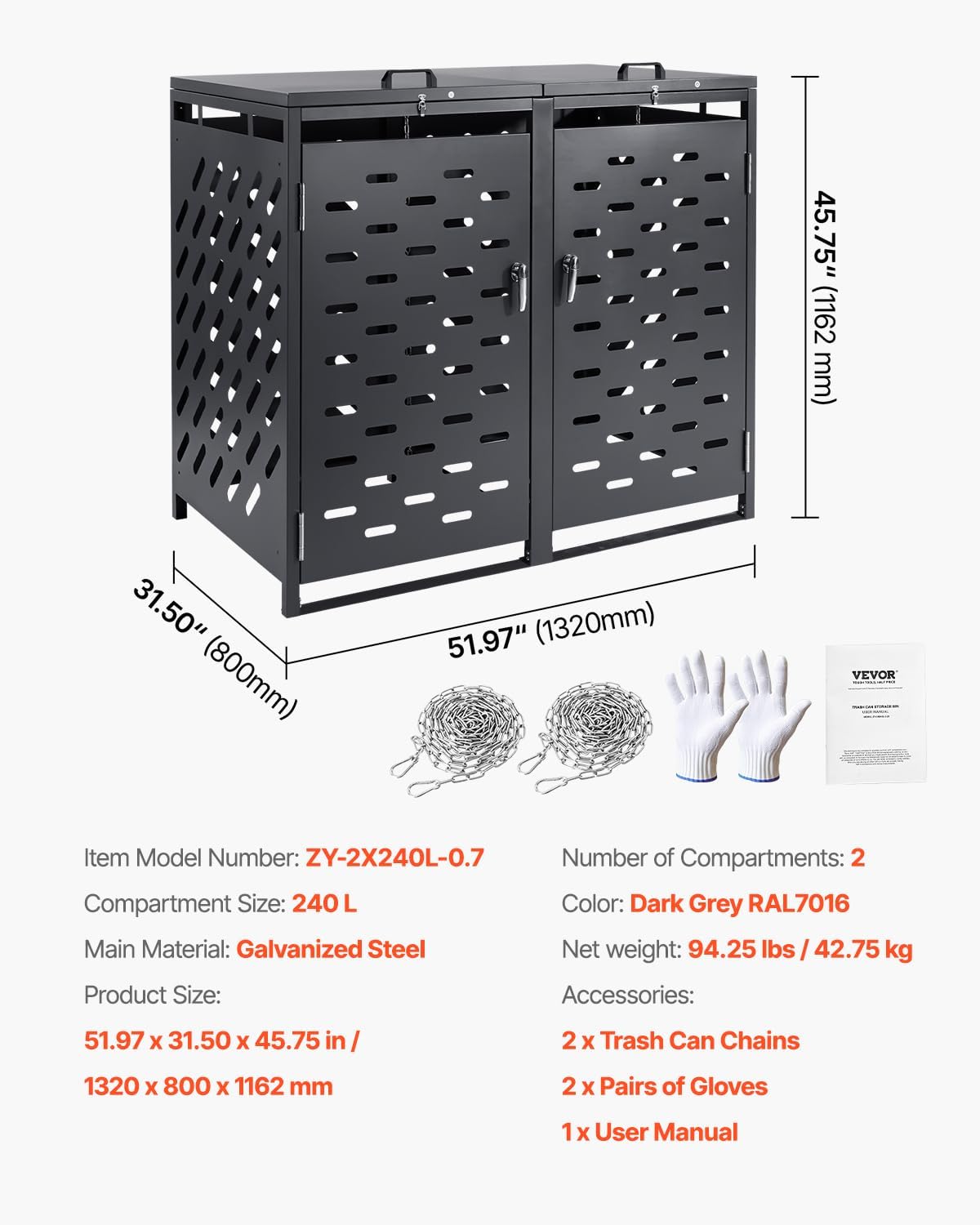VEVOR Abri pour poubelles, 2 x 240 L, Rangement pour poubelles Horizontal, avec Couvercle à chaîne, boîte de Rangement à poubelles d'extérieur, étanche et verrouillable, pour Jardin, Cour et terrasse