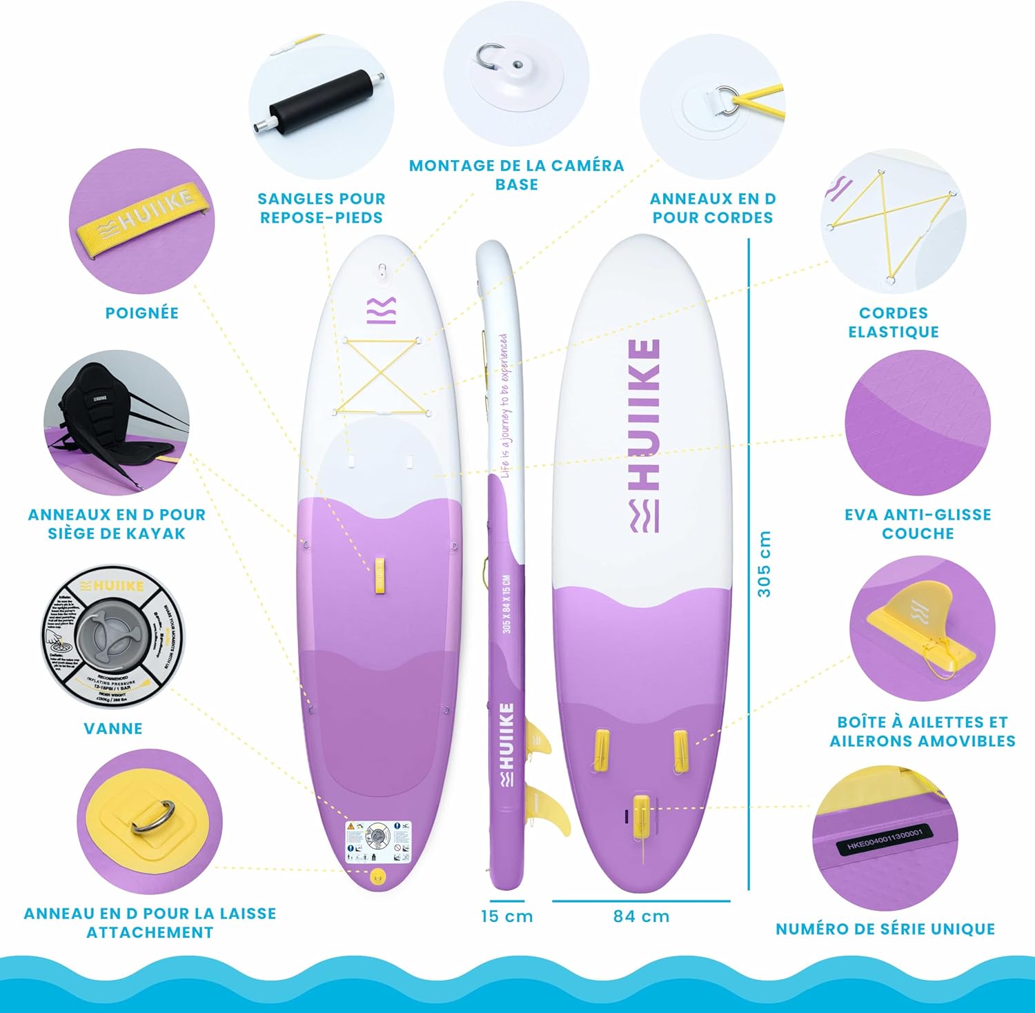 HUIIKE Paddle Gonflable Adulte avec Accessoires Inclus, Pagaie, Ailerons, Pompe. Planche de Stand Up Paddle Grande Stabilité et Résistance. 305 x 84 x 15 cm, Jusqu'à 130 kg