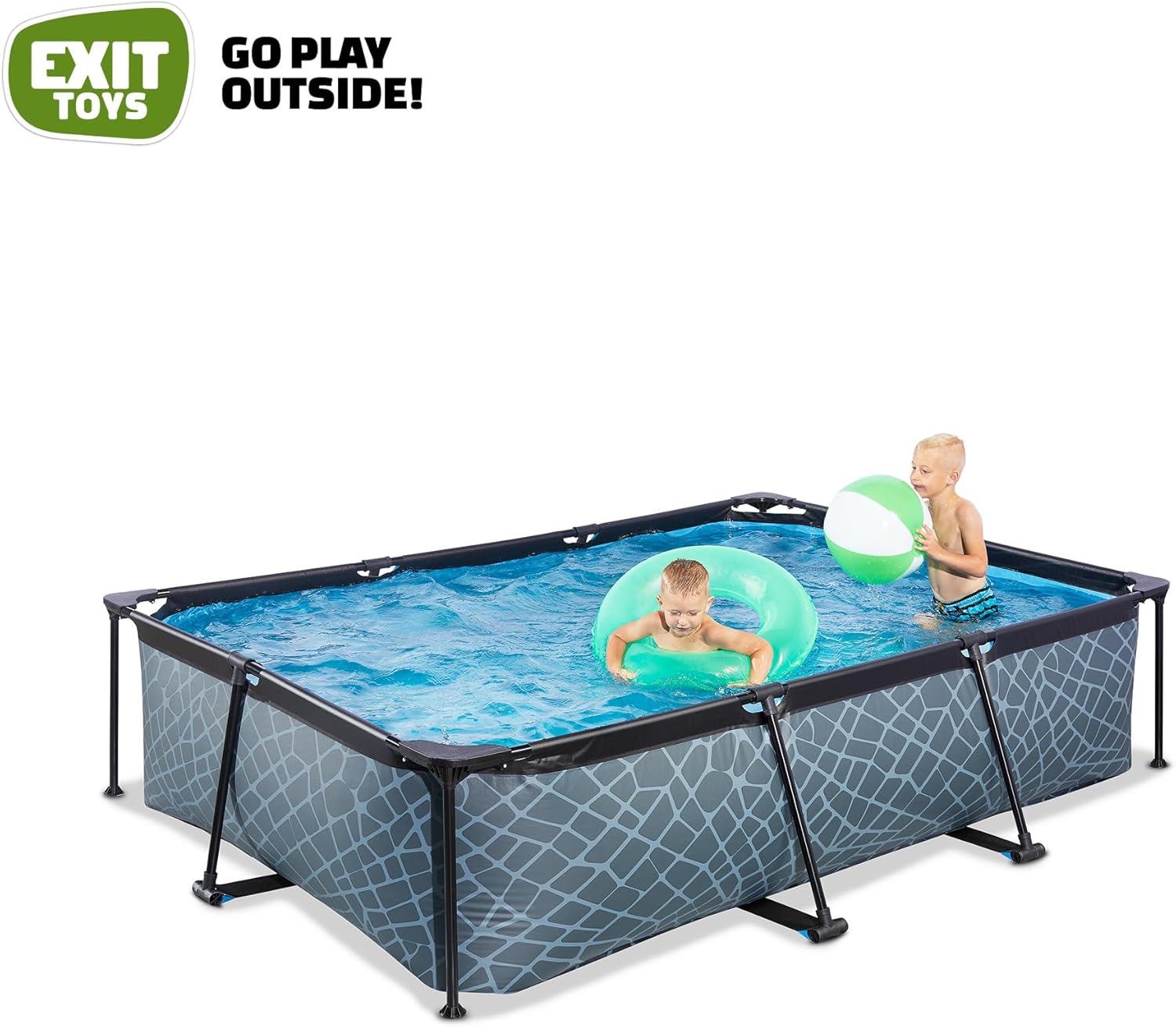 EXIT TOYS Piscine Stone - 300x200x65cm - Piscine Hors Sol Rectangulaire avec Pompe Filtrante à Cartouche - Entrée Basse - Idéal pour Les Jeunes Enfants - Cadre Stable - Design Unique - Gris