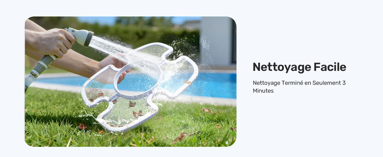 Le texte indique « Nettoyage facile ». Plusieurs images montrant un article en plastique ou en céramique blanc nettoyé ou lavé sur fond d'herbe.