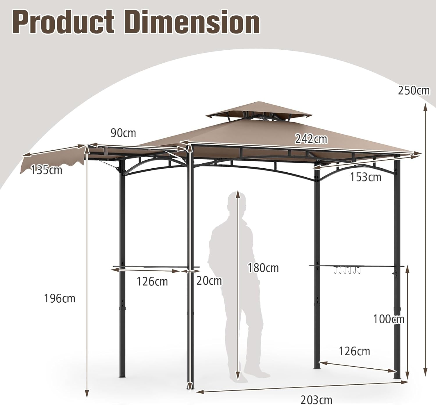 GOPLUS Tonnelle pour Barbecue avec Auvent Latéral, Abri Barbecue Extérieur avec Dessus à 2 Niveaux, Crochets, Décapsuleur, Dessus Souple, pour Jardin, Cour (242+84x153x250CM|Brun)