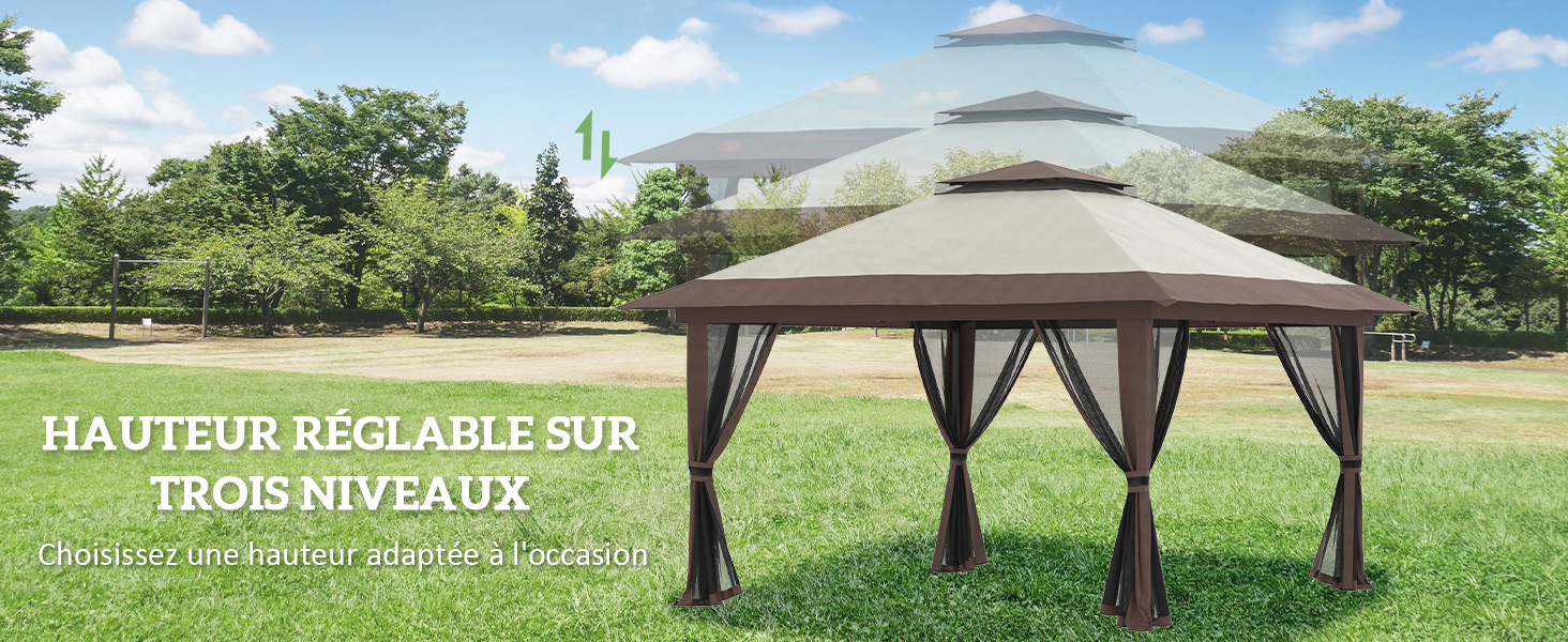 avec auvent réglable en hauteur, réglages sur trois niveaux. Dessus en tissu beige, panneaux latéraux en maille et cadre robuste dans un champ herbeux